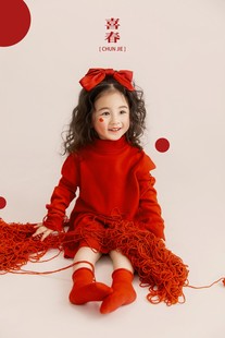 儿童摄影服装红色毛衣新年主题女童圣诞装3岁5春秋款中国风喜春