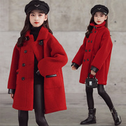 2021冬装女童新年圣诞，大衣加厚羊羔绒韩版中长款加绒红色毛呢外套