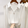 2022韩版气质显瘦纯色翻领链条，套头长袖雪纺衫女秋季薄款衬衫
