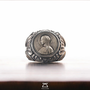 伏尔甘925纯银复古文艺手工，镶嵌圣牌欧式格调尾戒戒指指环机车风