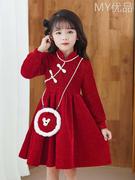 女童连衣裙2023秋冬季女孩红色洋气加绒儿童装公主裙冬装裙子