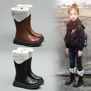 女童靴子2023冬季长筒靴中大童洋气加绒皮靴儿童雪地高筒长靴