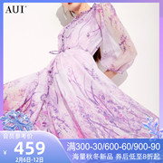 aui法式紫色印花雪纺连衣裙，女2023夏轻熟气质，中袖修身中长裙