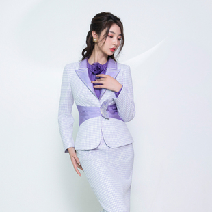 MagicQ浅紫色蝴蝶刺绣钉珠捏褶显瘦西装高腰显瘦半裙花呢气质套装