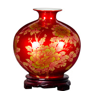 高档景德镇陶瓷器中国红色水晶釉石榴花瓶插花创意家居客厅装饰品