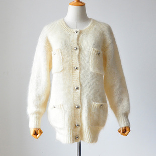 日系vintage古着马海毛宽松开衫，毛衣外套米白色，中长款春外搭上衣