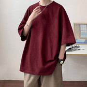 2024重磅暗红色t恤廓形三本，针落肩纯棉短袖，男夏季安可拉红短袖t