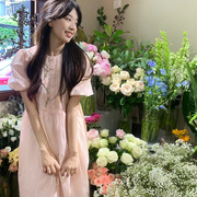 新中式小香风粉色短袖连衣裙2024夏季花朵刺绣小个子娃娃公主短裙