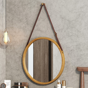 实木北欧梳妆镜圆镜，创意白色挂镜艺术化妆镜壁挂，浴室镜卫生间镜子