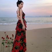 超仙海边度假风V领复古纯欲高级感玫瑰印花露背气质显瘦沙滩长裙