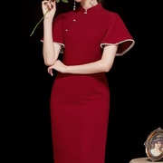 女士高端旗袍改良中国风红色宴会修身气质荷叶袖钉珠复古风连衣裙