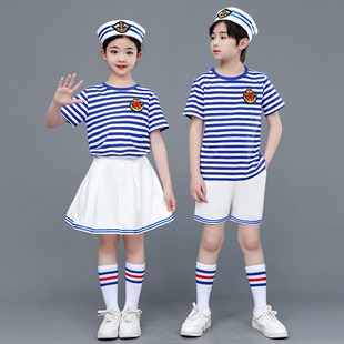 六一儿童条纹海军风演出服夏季男女童宝宝海魂衫童装纯棉短袖套装