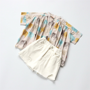 内单 夏季女童卡通大象印花韩系大版洋气纯棉短袖衬衫