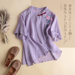 2022夏季紫色棉麻刺绣短袖，上衣复古风斜襟，盘扣绣花棉麻t恤女