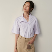 Herz薄紫色侧扣斜领中性短袖衬衣 日本高密纯棉 赫织翰原创设计
