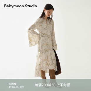 babymoon喇叭袖印花仙女裙，2024春装长款气质长袖连衣裙女