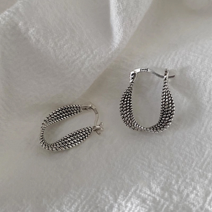 S925纯银麻花耳环女泰银做旧复古小众独特设计简约气质个性耳扣钉