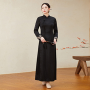 新中式旗袍中国风女装秋冬复古设计感连身裙改良禅意汉服茶服