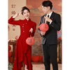 新中式鱼尾旗袍敬酒服2023新娘酒红色长袖冬季红裙子订婚礼服