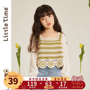 littletime女童法式文艺长袖，衬衫2023春秋，韩版森系假两件上衣