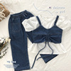 女童牛仔套装2023夏季韩版宝宝短袖，衬衣吊带马甲直筒裤三件套
