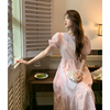 竹依依法式重工镂空刺绣粉色，蕾丝连衣裙女夏泡泡袖收腰白色仙女裙