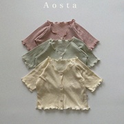 韩国童装AOSTA24夏季小童女宝薄棉透气木耳边V领短袖开衫外套