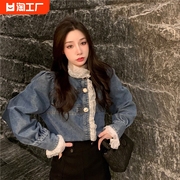 减龄气质蕾丝牛仔衬衫女宽松春季大码胖妹妹mm上衣服衬衣短款外套