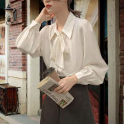 灯笼袖韩范正装(范正装)蝴蝶结衬衫，白色雪纺衬衣女长袖系带设计感职业上衣