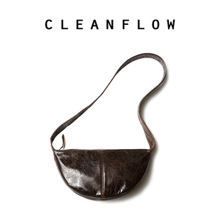 CLEANFLOW  玳瑁色龟裂纹油蜡头层牛皮半圆新月单肩斜挎包女