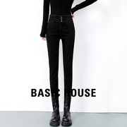 Basic House/百家好女士黑色高腰修身显瘦百搭铅笔裤小脚裤