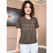 条纹连帽短袖t恤女夏2025新款夏装显瘦上衣薄款大码女装体恤上衣