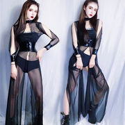 大气夜店酒吧女歌手dj欧美透视性感网纱连体，长裙团体黑色套装