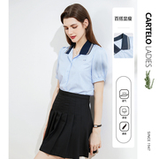 鳄鱼蓝色条纹衬衫女短袖夏季外套，韩版修身设计感小众时尚显瘦衬衣