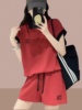 韩版2024夏大码宽松红色短袖POLO衫女阔腿短裤休闲运动套装女欧货