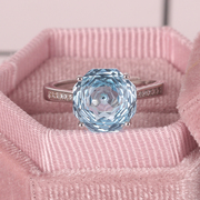 天然托帕石天空蓝s925纯银镀白金戒指，女款时尚彩宝指环开口