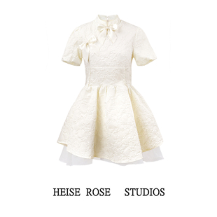 雅依新中式白色连衣裙小众设计气质蓬蓬短裙子女夏季小个子