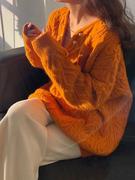 橘色V领麻花毛衣女韩版秋冬气质温柔套头针织上衣宽松外