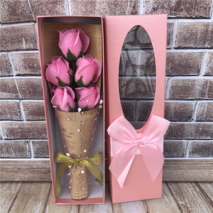 妇女节5朵玫瑰花康乃馨，香皂仿真花束礼盒送老师创意实用礼物