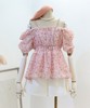 法式吊带娃娃衫2023夏季女装浪漫印花一字领蝴蝶结，粉色雪纺衫上衣