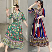 东南亚夏季民族风连衣裙印度风格女装传统服装女士中袖旅游碎花裙