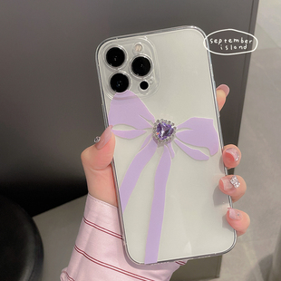 15原创紫色蝴蝶结iphone14ProMax手机壳11可爱女款XS透明软壳12全包苹果13 Pro保护套个性