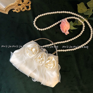复古珍珠手拎晚宴包2023玫瑰花朵包包女宴会包仙女斜挎手提包