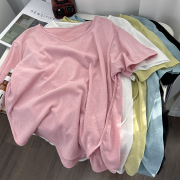 薄款舒适竹节棉粉色短袖t恤女夏季韩版宽松休闲圆领半袖洋气上衣