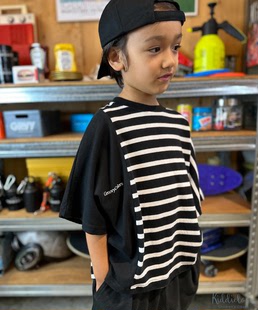 日本童装groovycolors纯棉，条纹不对称拼接超宽版短袖t恤