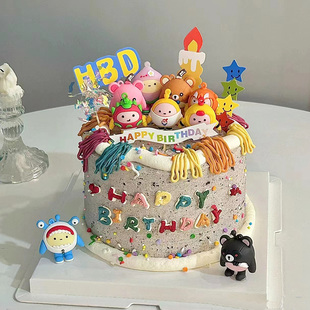 网红蛋仔派对公仔蛋糕装饰摆件儿童卡通小熊男孩生日快乐烘焙装扮