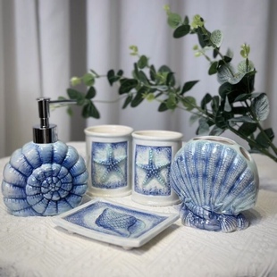 陶瓷贝壳五件套卫浴组地中海简约风，现代家居装饰样板房洗手台摆件
