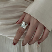 韩版s925银大圆弧光面戒指，女复古时尚，个性凹凸开口指环创意食指戒