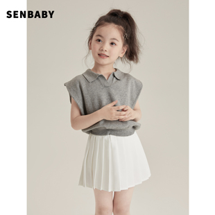 senbaby女童夏装polo衫，中大童气质针织上衣儿童，轻薄翻领polo短袖