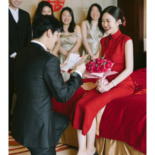红色旗袍敬酒服2024新娘小个子结婚订婚出阁宴礼服新中式无袖